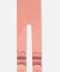 A pair of baby tights in a soft peach-pink color, featuring a delicate floral pattern and horizontal stripes near the feet, displayed flat against a light gray background.
