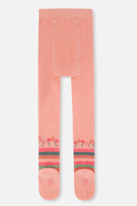 A pair of baby tights in a soft peach-pink color, featuring a delicate floral pattern and horizontal stripes near the feet, displayed flat against a light gray background.