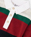 A close-up of a color-block knit polo shirt with a white collar and three-button placket. The horizontal stripes are white, dark green, deep red, and black, with the brand name 'deits & tap' visible on the inner neck label.