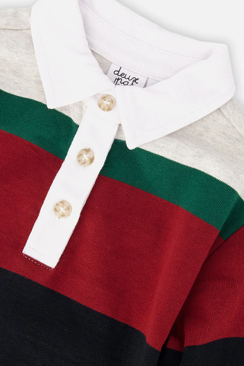 A close-up of a color-block knit polo shirt with a white collar and three-button placket. The horizontal stripes are white, dark green, deep red, and black, with the brand name 'deits & tap' visible on the inner neck label.