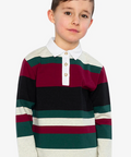 A young boy wearing a long-sleeve rugby-style shirt with horizontal stripes in burgundy, dark green, black, and off-white, featuring a white collar and three gold buttons.