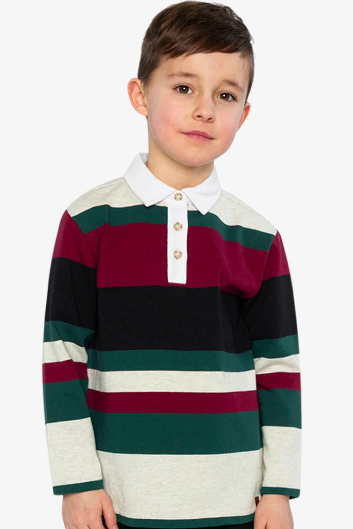 A young boy wearing a long-sleeve rugby-style shirt with horizontal stripes in burgundy, dark green, black, and off-white, featuring a white collar and three gold buttons.