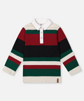 A children's long-sleeve knit polo shirt with horizontal stripes in cream, red, green, and black, featuring a white collar and three-button placket.