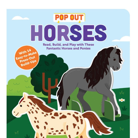 Book cover of 'Pop Out Horses' with two horses on a grassy background