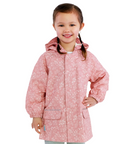 Child wearing a pink floral raincoat on a white background