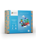 Connetix Magnetic Tiles Motor Pack product box, featuring a bright blue front panel with product details and illustrations, and brown cardboard sides with blue geometric patterns.