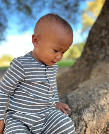 Me & Henry - Mason Rib Romper | Charcoal/Cream Stripe