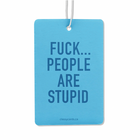 This image features a humorous air freshener with a bold and straightforward design. The air freshener is rectangular and double-sided, displaying the phrase "FUCK.