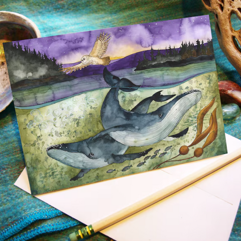 Humpback Whales And Owl  Artwork Card