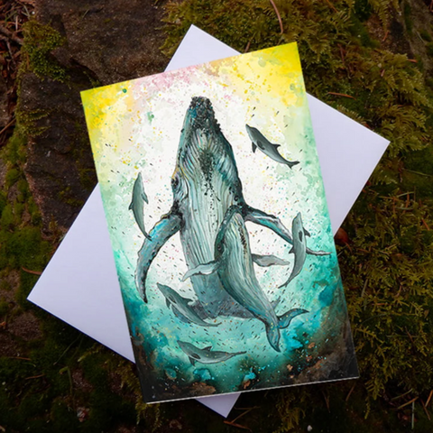 Humpback Whales And Dolphins Artwork Card