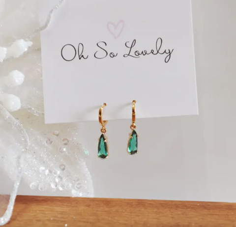 Scarlet Drop Huggie Hoops - Emerald