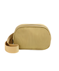 Beige textured pouch with strap on a white background