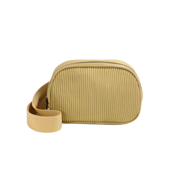 Beige textured pouch with strap on a white background