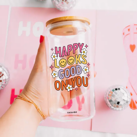 Happy Looks Good On You 16 oz Glass Cup