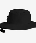 Black bucket hat with a strap on a white background