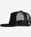 Black mesh cap with skull design on a white background