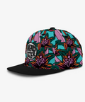 Colorful floral-patterned cap with a brand logo on a white background