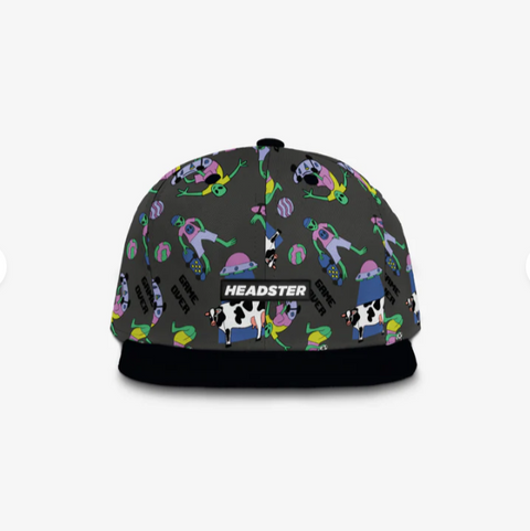 Colorful patterned cap with 'HEADSTER' branding on a white background
