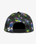 Black cap with colorful abstract designs on a white background