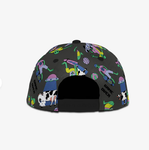 Black cap with colorful abstract designs on a white background