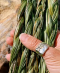 Hand holding a braided green plant against a natural background
