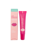 Pink lip balm tube with packaging on a white background