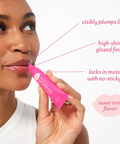Woman applying pink lip balm with text highlighting features on a white background