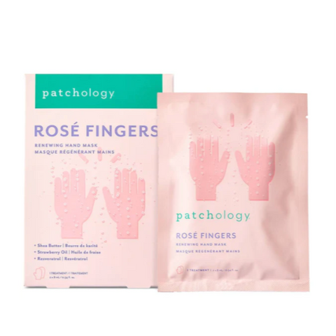 Two 'Rose Fingers' hand mask packages by Patchology on a white background