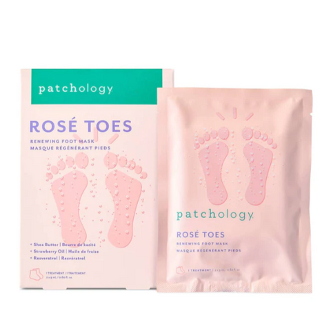 Two packages of 'Rose Toes' foot mask by Patchology on a white background.