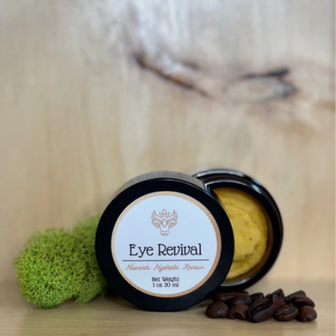 Eye Revival product with a green sponge and coffee beans on a wooden surface