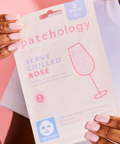 Patchology face mask packaging with a pink background