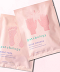 Two pink 'patchology' foot mask packages on a website page.
