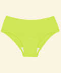 Lime green high-waisted bikini bottom on a beige background