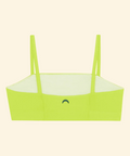 Green bikini top with thin straps on a light green background