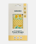 Pack of reusable beeswax food wraps with naturebee branding on a white background