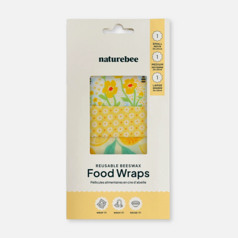 Pack of reusable beeswax food wraps with naturebee branding on a white background