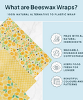Beeswax wraps with floral pattern on a blue background, featuring text about their benefits.