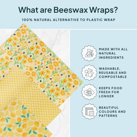 Beeswax wraps with floral pattern on a blue background, featuring text about their benefits.