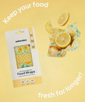Packaging of Naturebee reusable bee wax food wraps with a lemon design on a yellow background.