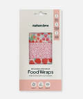 Packaging of naturebee reusable beeswax food wraps with floral designs on a white background