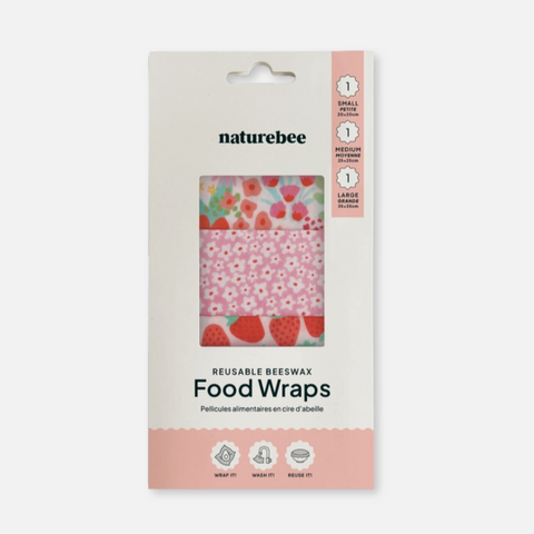 Packaging of naturebee reusable beeswax food wraps with floral designs on a white background