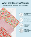 Beeswax wraps with floral and strawberry patterns on a light blue background with text about benefits.