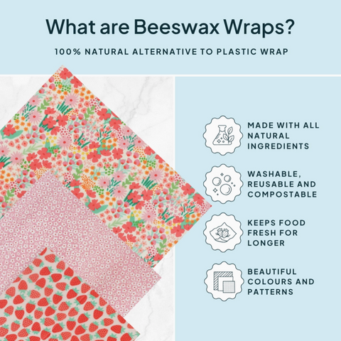 Beeswax wraps with floral and strawberry patterns on a light blue background with text about benefits.