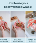 Step-by-step guide on using beeswax food wraps with hands and cookies.