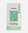 Pack of reusable beeswax food wraps with naturebee branding on a white background