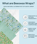 Beeswax wraps with features listed on a light blue background