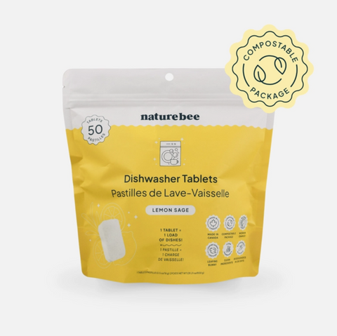 Packaging of naturebee dishwasher tablets with a compostable package label on a white background