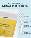 Naturebee dishwasher tablets packaging with sustainability features listed on a light blue background