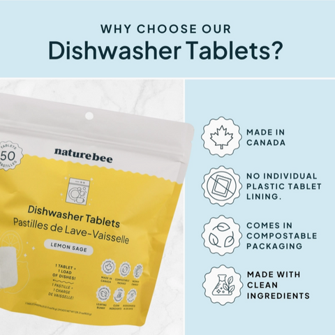 Naturebee dishwasher tablets packaging with sustainability features listed on a light blue background