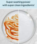 Comparison of a dirty plate with food residue and a clean plate, with text 'Super washing power with super clean ingredients!'.